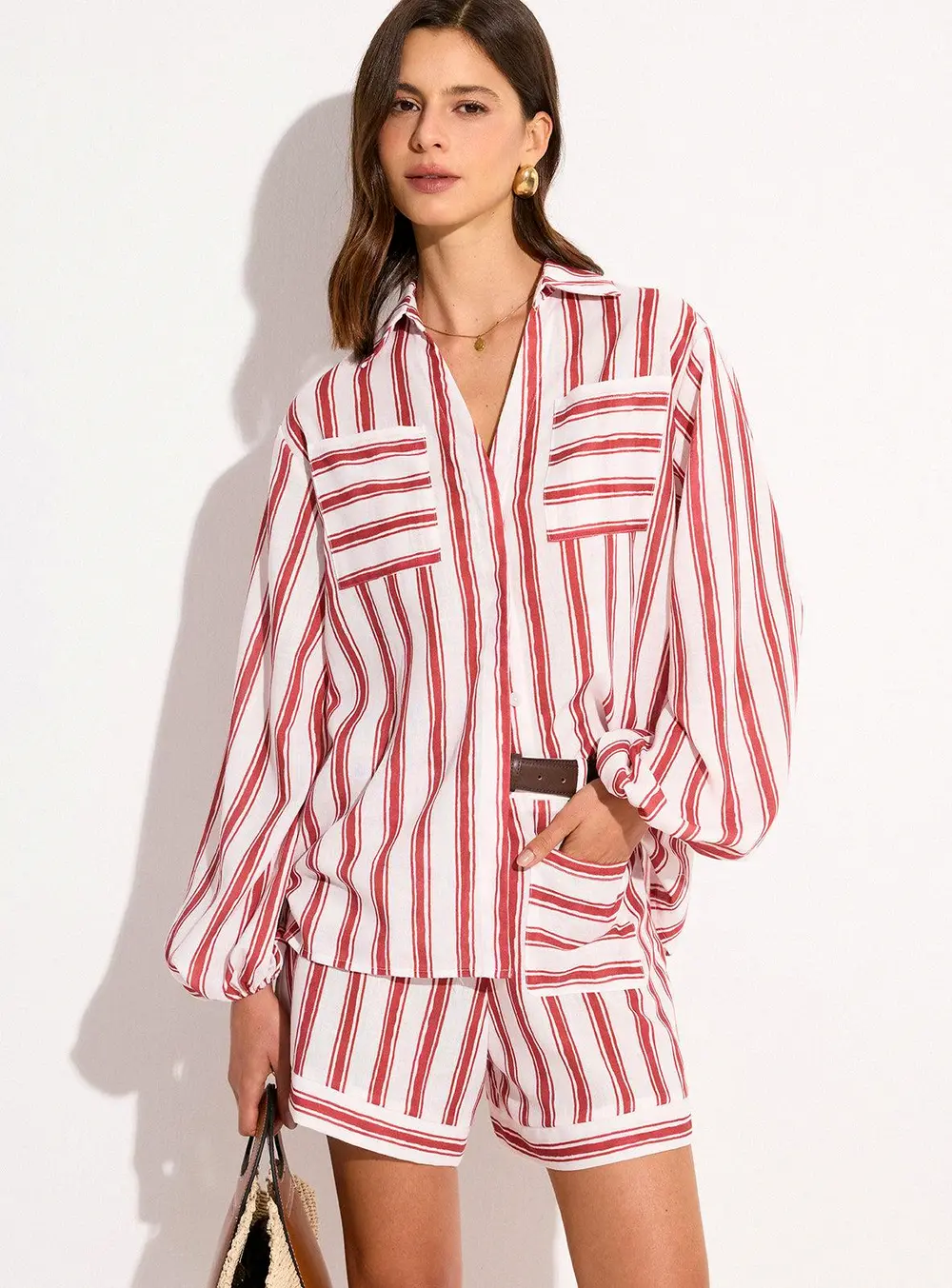 Pocketed Striped Shorts Set