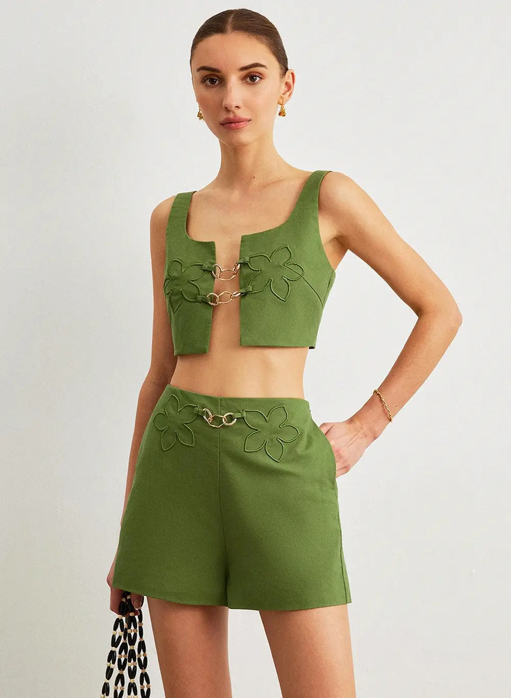 Cotton & Linen Floral Embroidery Metal Detail Shorts Set