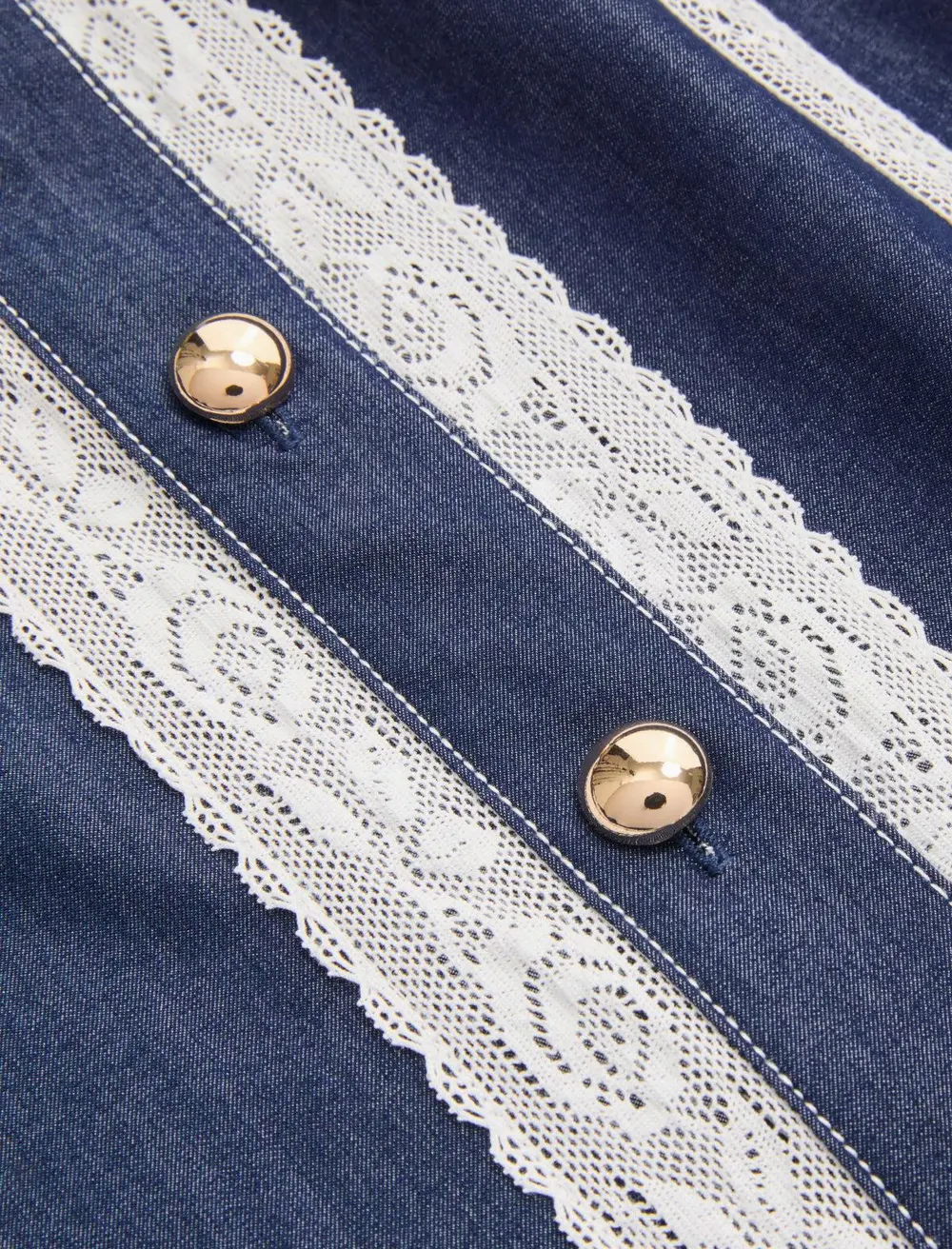 Lace Panel Faux Denim Shirt & Shorts Set