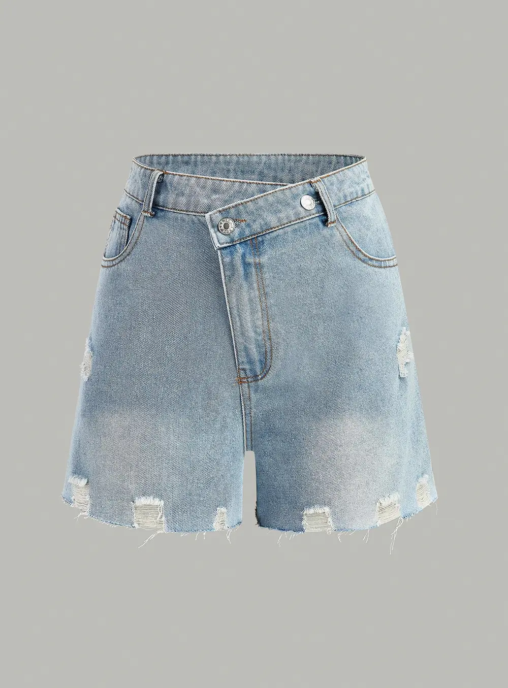 Asymmetric Waist Distressed Denim Shorts