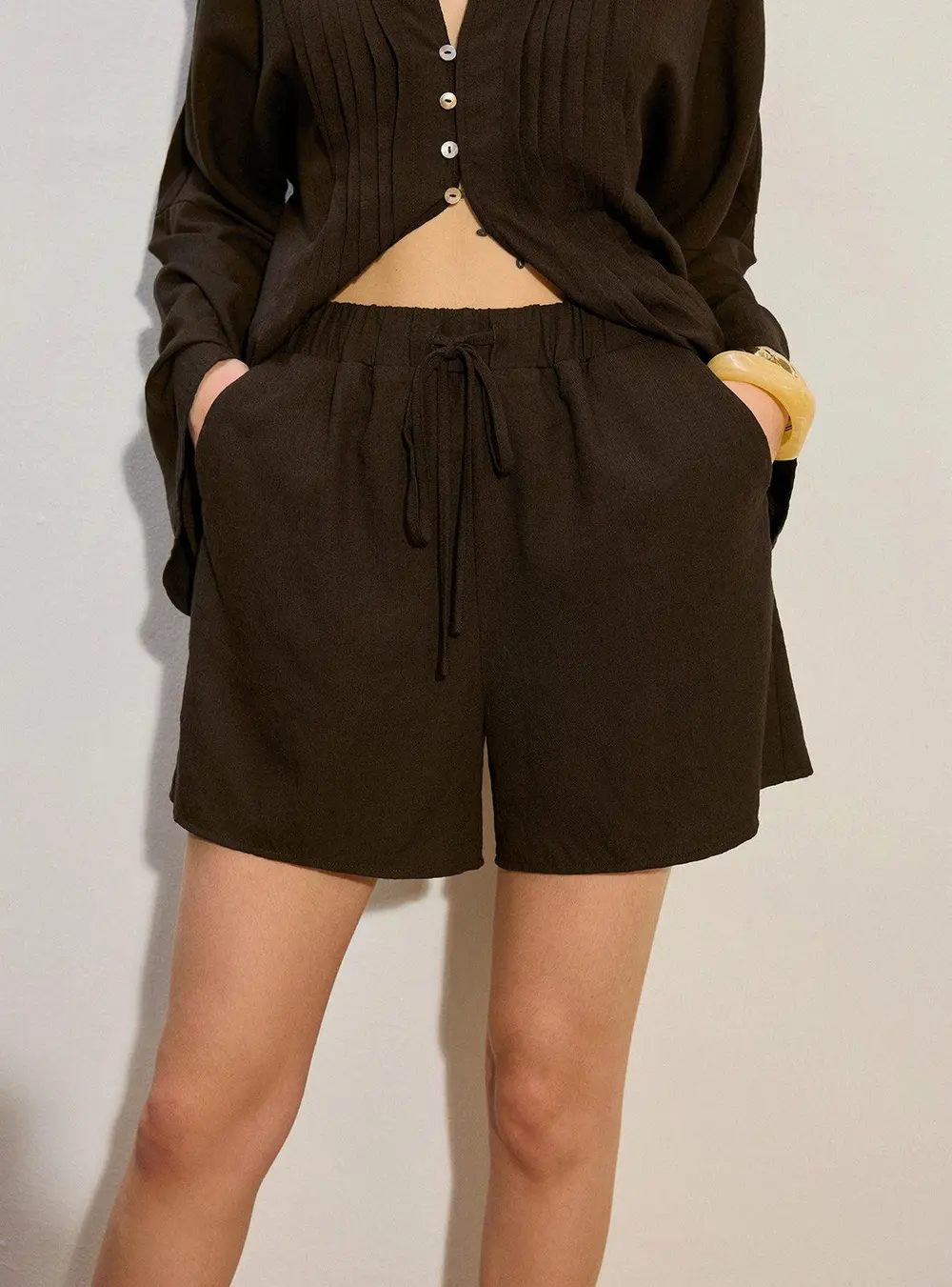 Pleated Button-Front Shorts Set