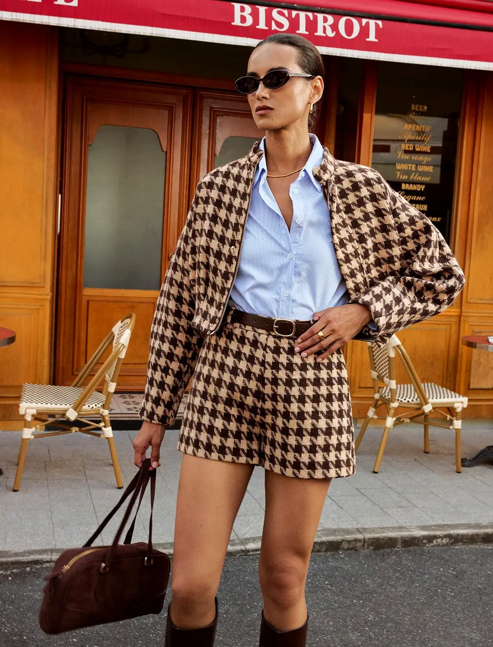 Houndstooth Belted High-Waist Shorts