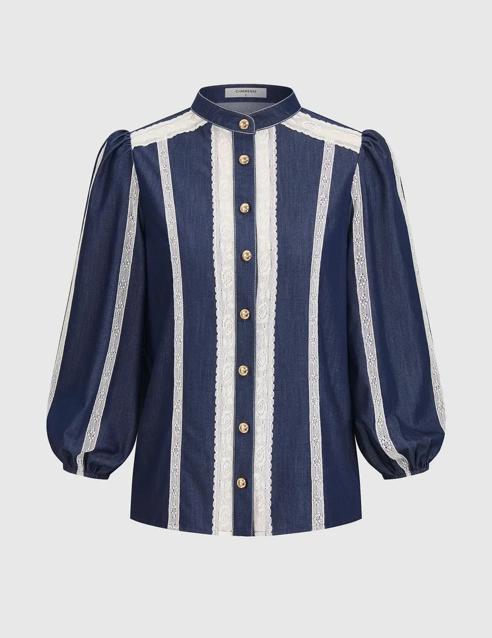 Lace Panel Faux Denim Shirt & Shorts Set