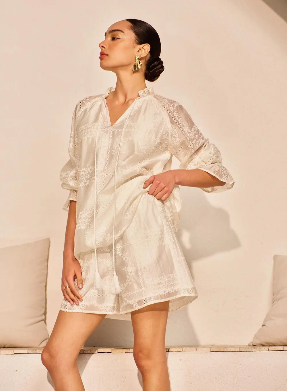 Embroidery Detail Long Sleeve Shorts Set