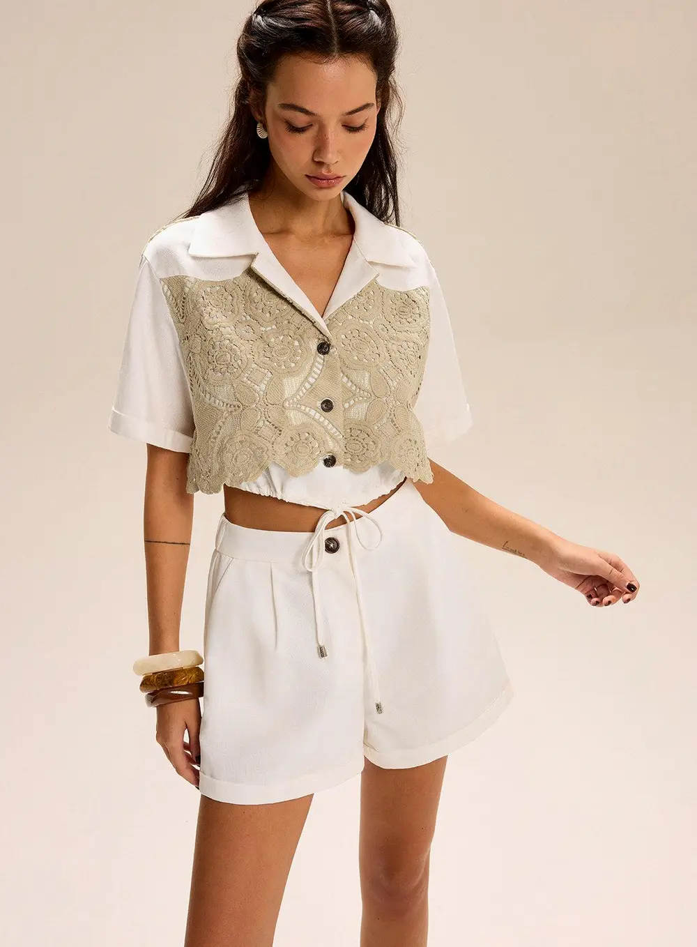 Lace-paneled Cropped Shirt Shorts Set