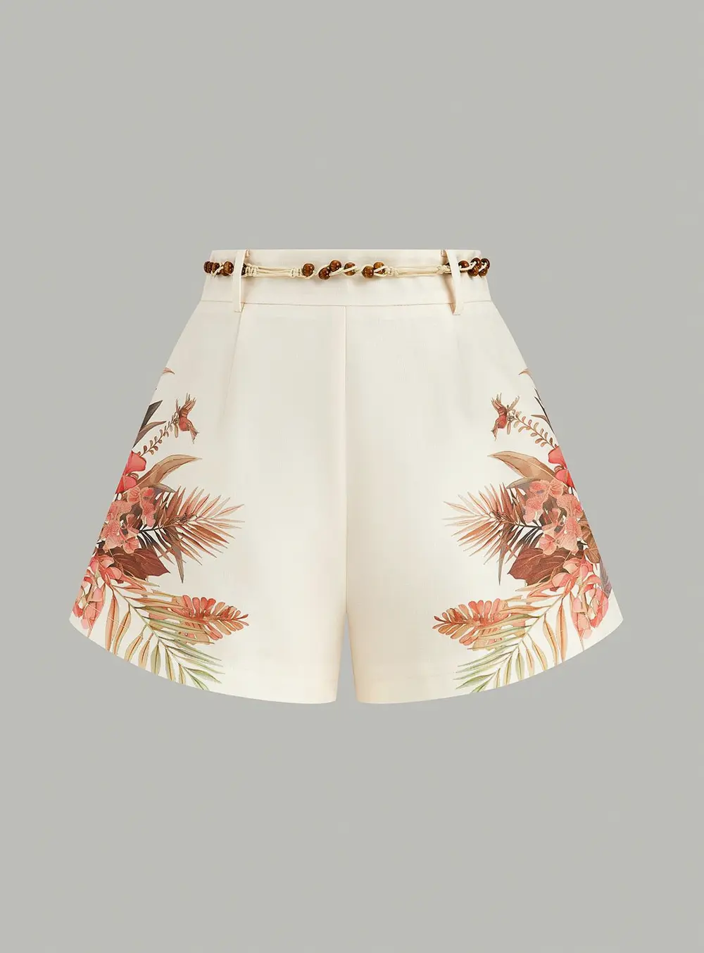 Belted Tropical Print Mid-Waist Shorts