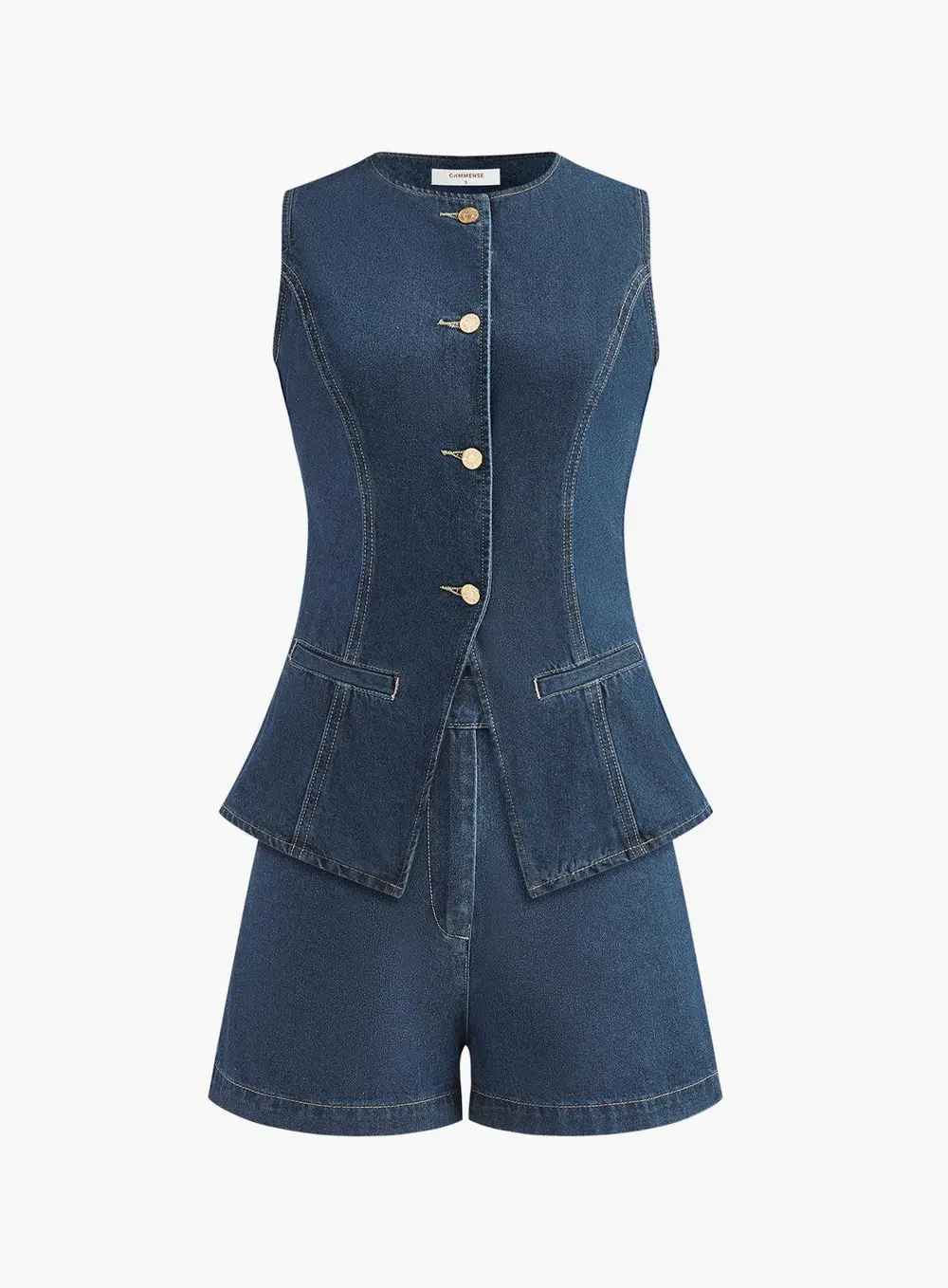 Denim Peplum Vest With Shorts Set