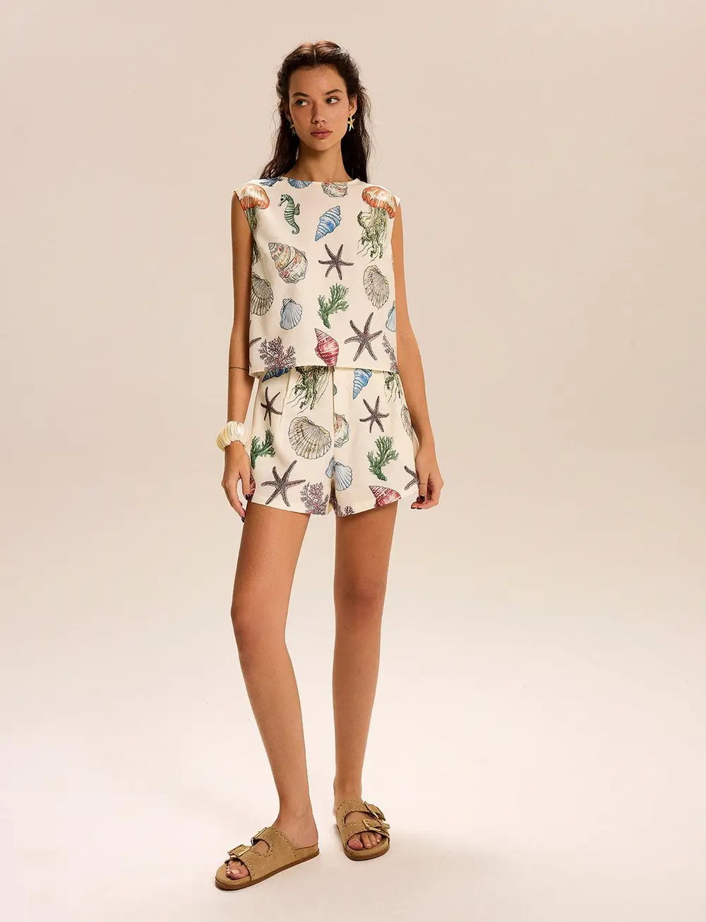Seashell Print Sleeveless Top and Shorts Set