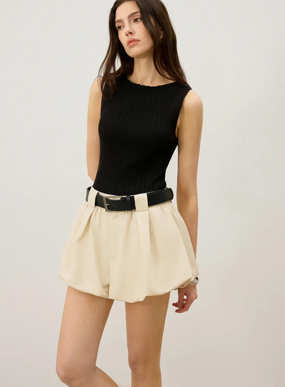 Belted High-Waisted Bubble Shorts