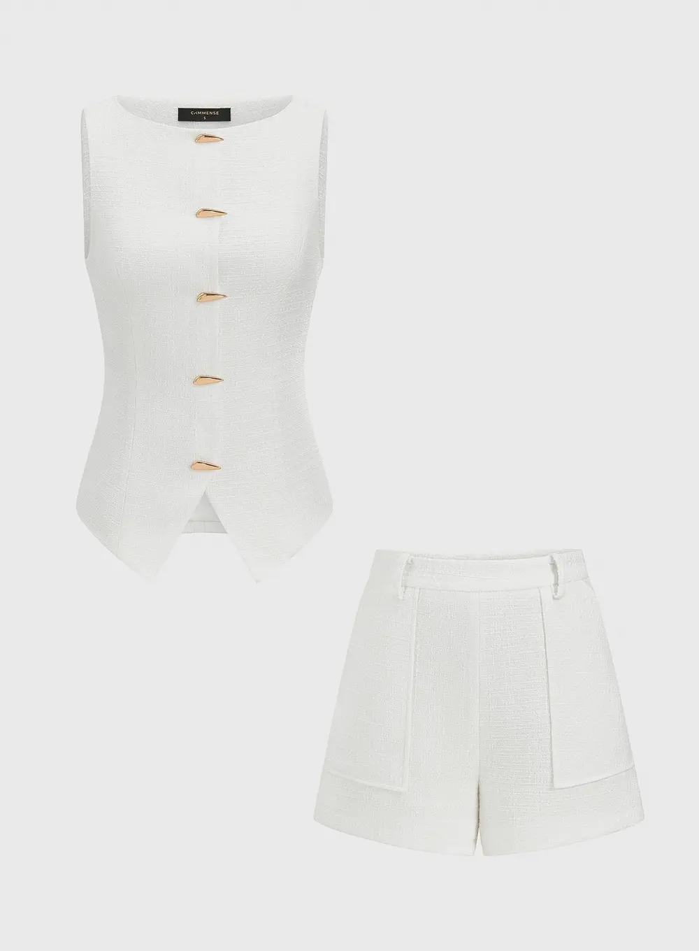 Tweed Sleeveless Metal Button Vest & Shorts Set