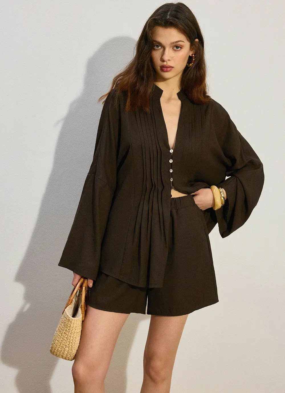 Pleated Button-Front Shorts Set