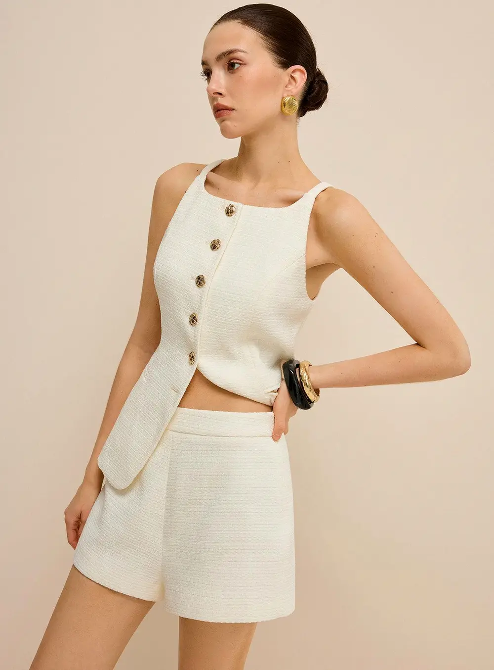 Pocketed Tweed Metal Button Shorts Set