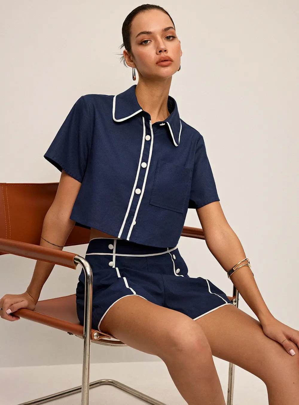 Contrast Piping Crop Shirt and Shorts Set