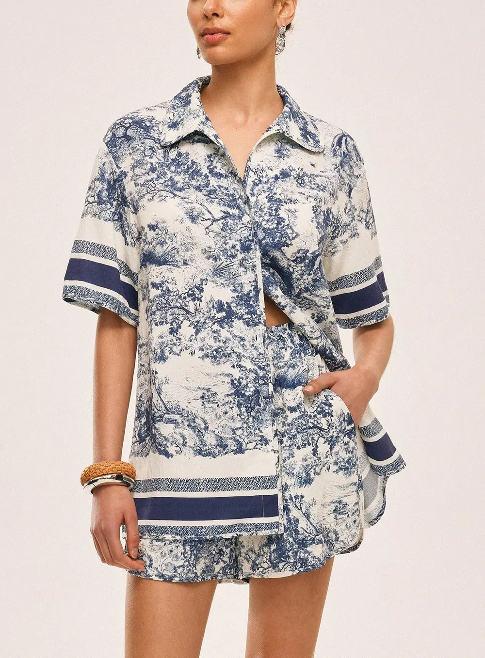 Printed Contrast Trim Shorts Set