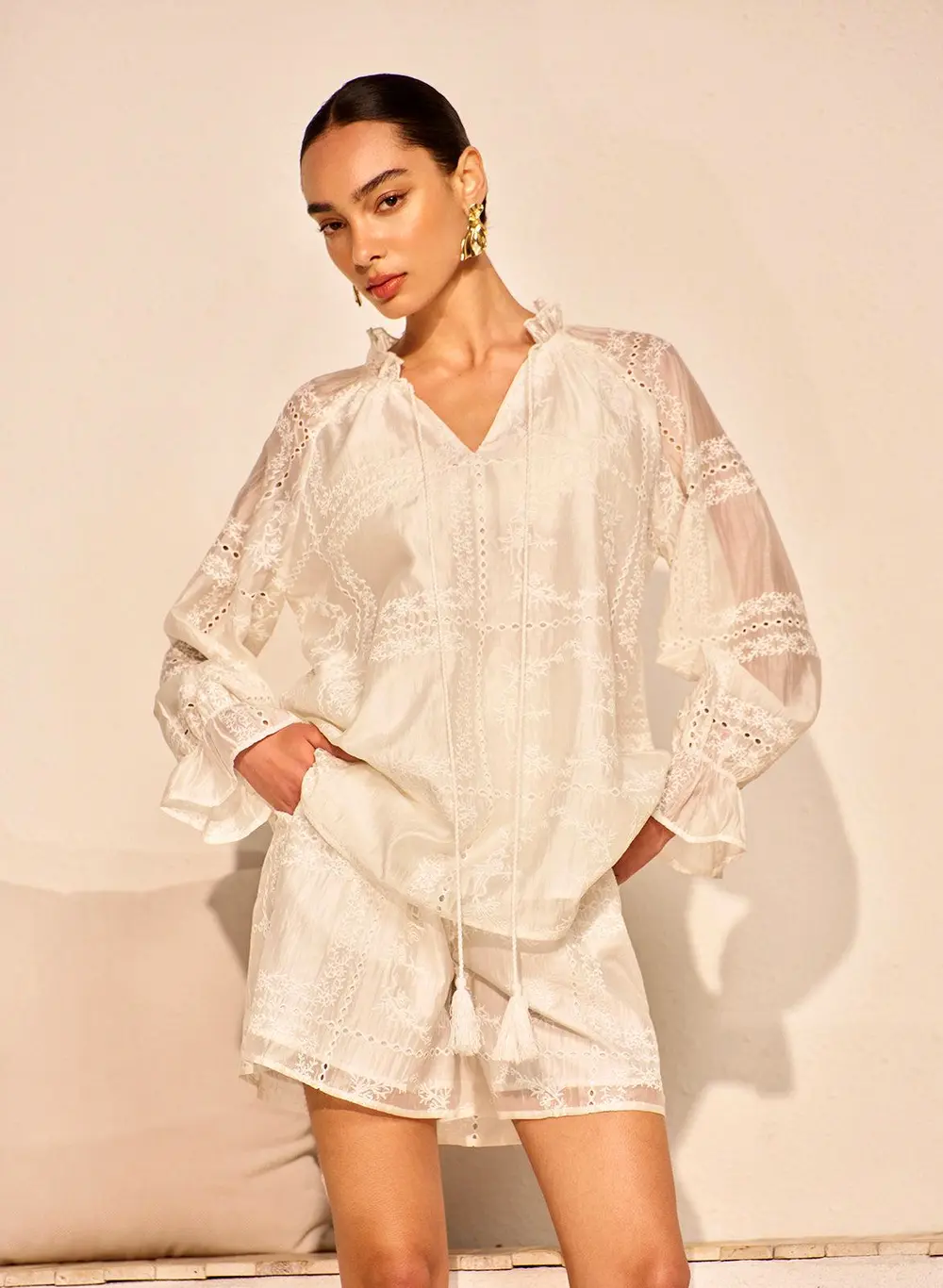 Embroidery Detail Long Sleeve Shorts Set