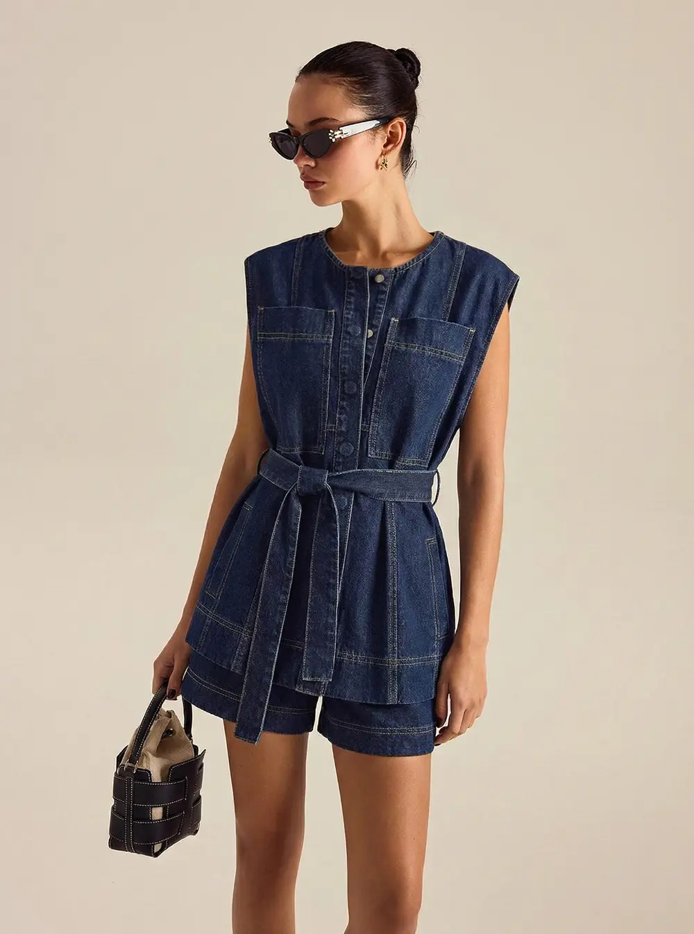 Belted Denim Sleeveless Vest & Shorts Set