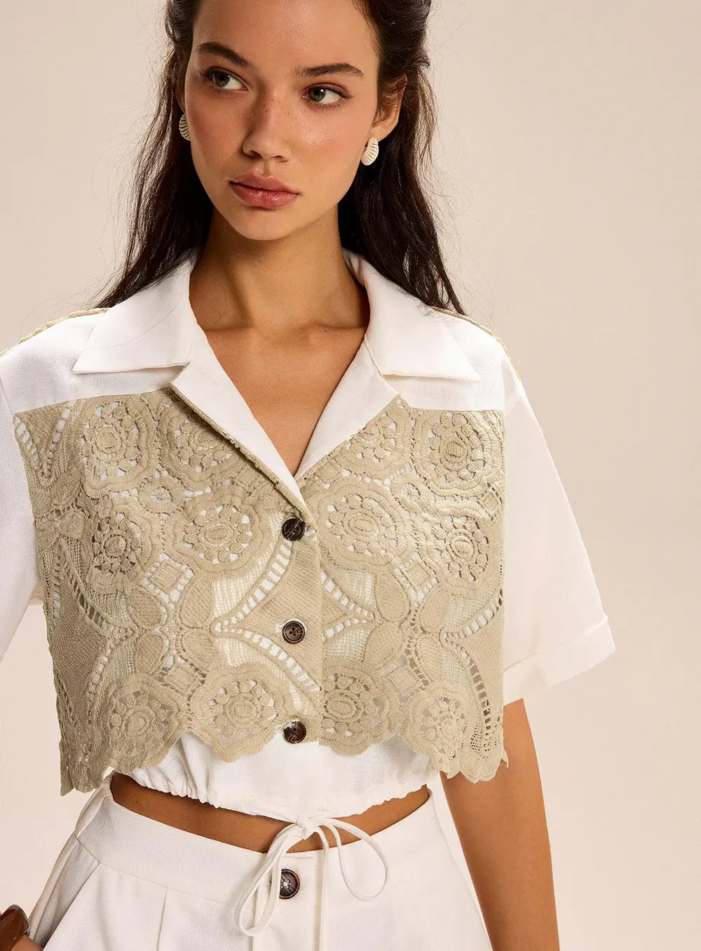 Lace-paneled Cropped Shirt Shorts Set
