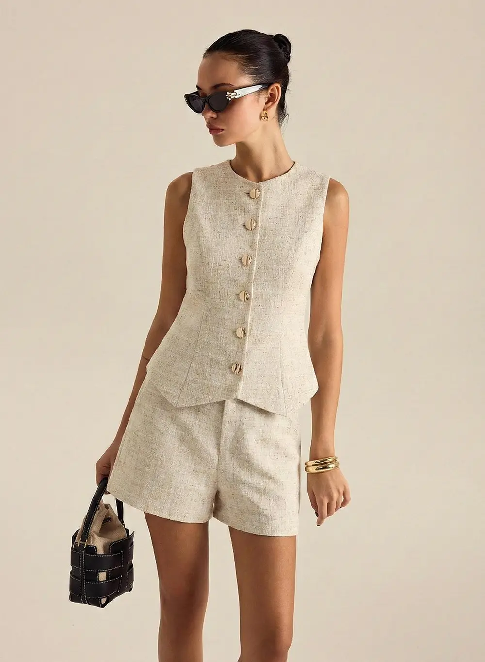 Tweed Buttoned Vest & Mini Shorts Set