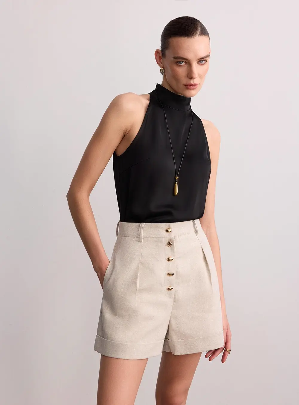 Metal Button Cotton Linen Cuffed Shorts