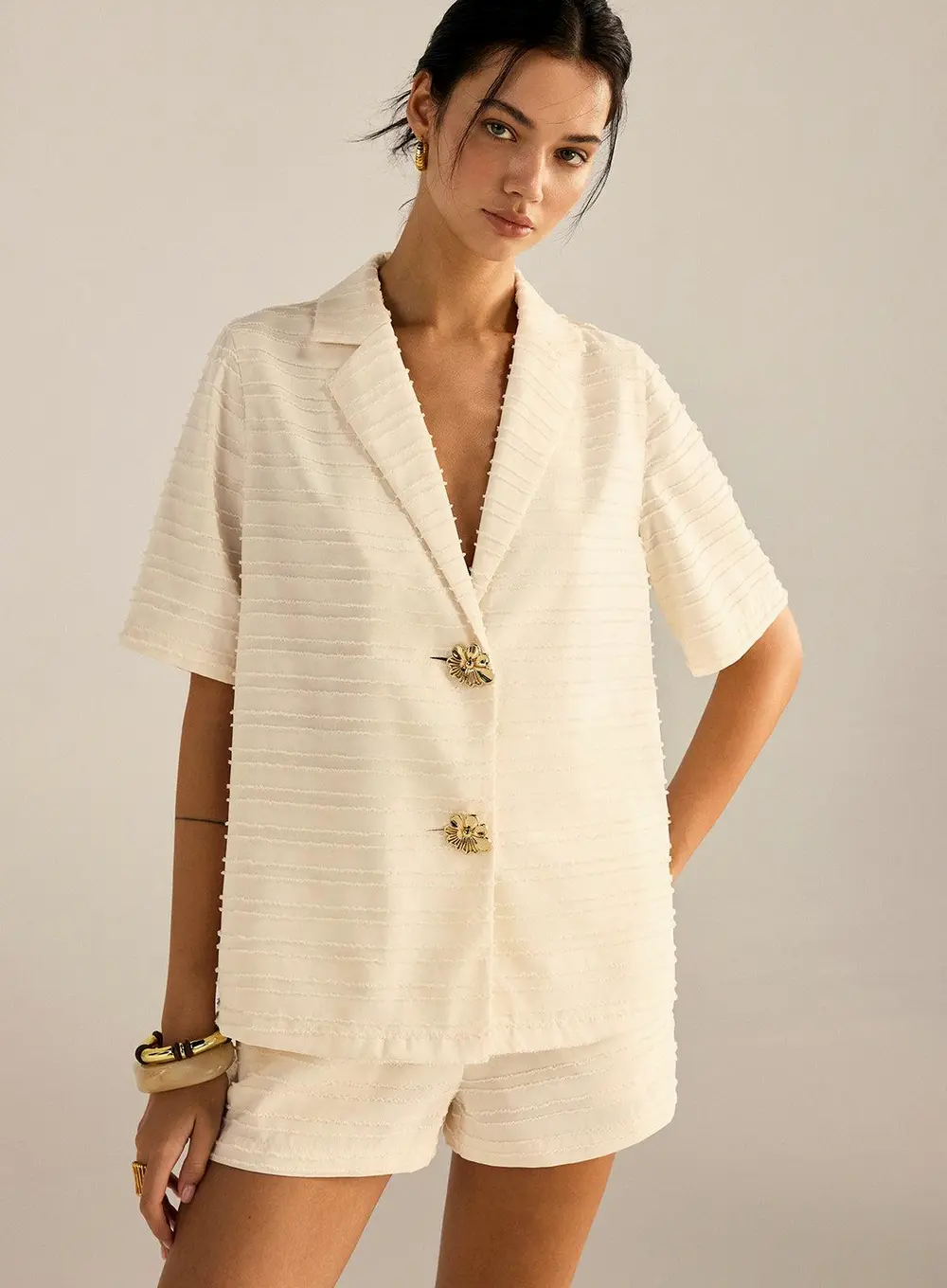 Textured Short-Sleeve Blazer and Shorts Set