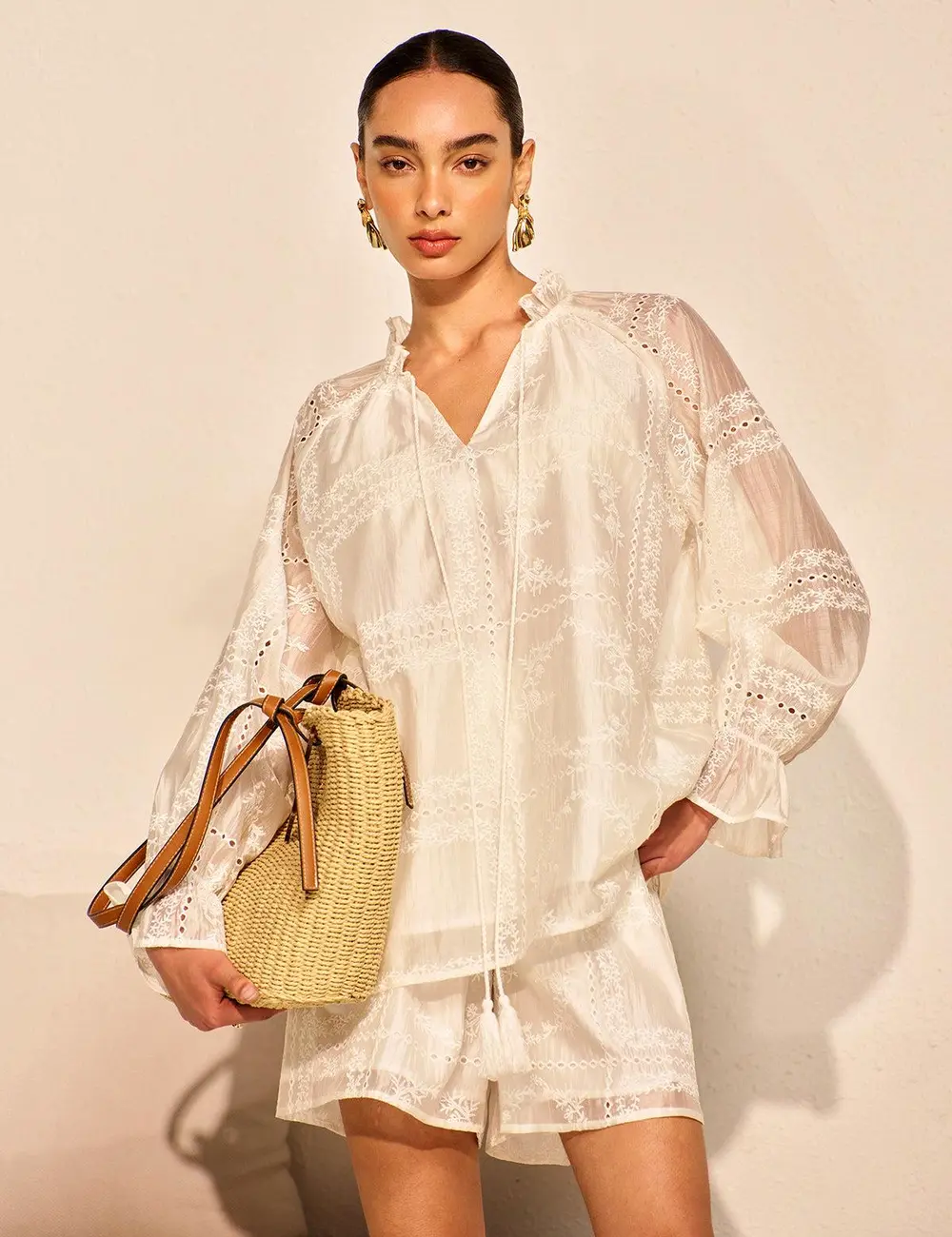 Embroidery Detail Long Sleeve Shorts Set