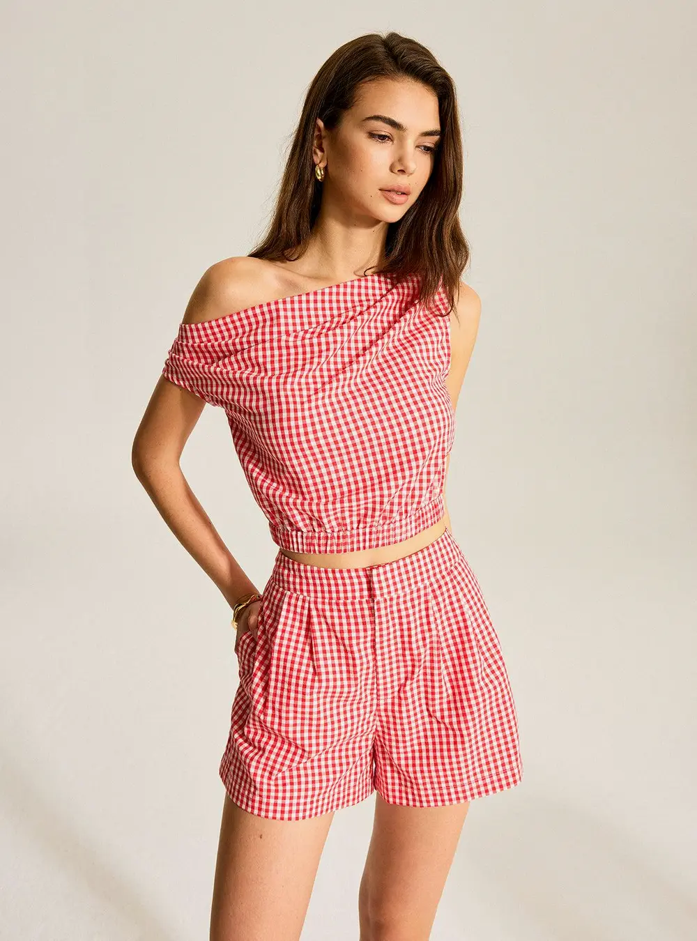 Gingham One-Shoulder Top and Shorts Set