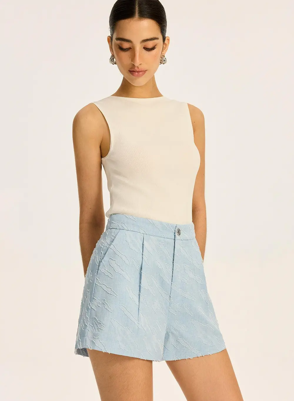 Textured Fabric Metal Button Mid-Waisted Shorts