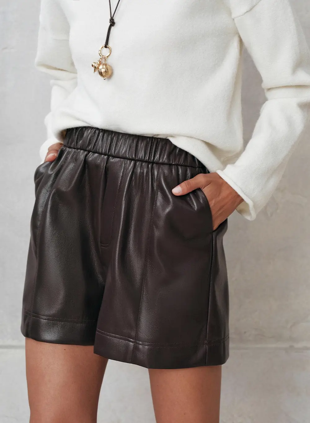 Elastic Waistband Faux Leather Shorts