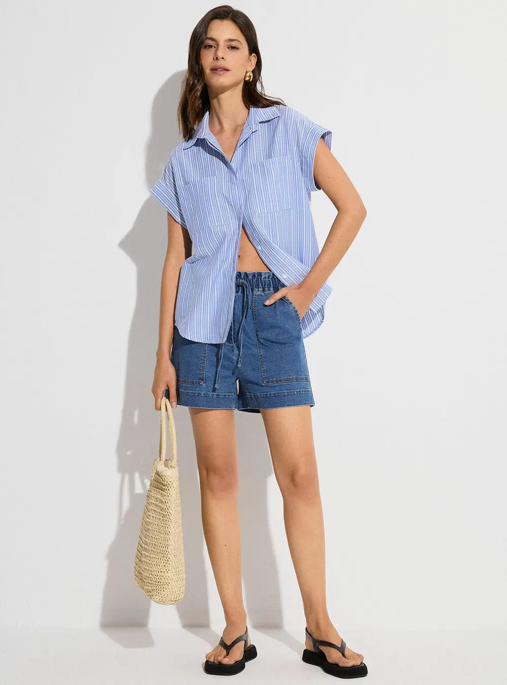 Denim Elastic-Waist Shorts with Drawstring