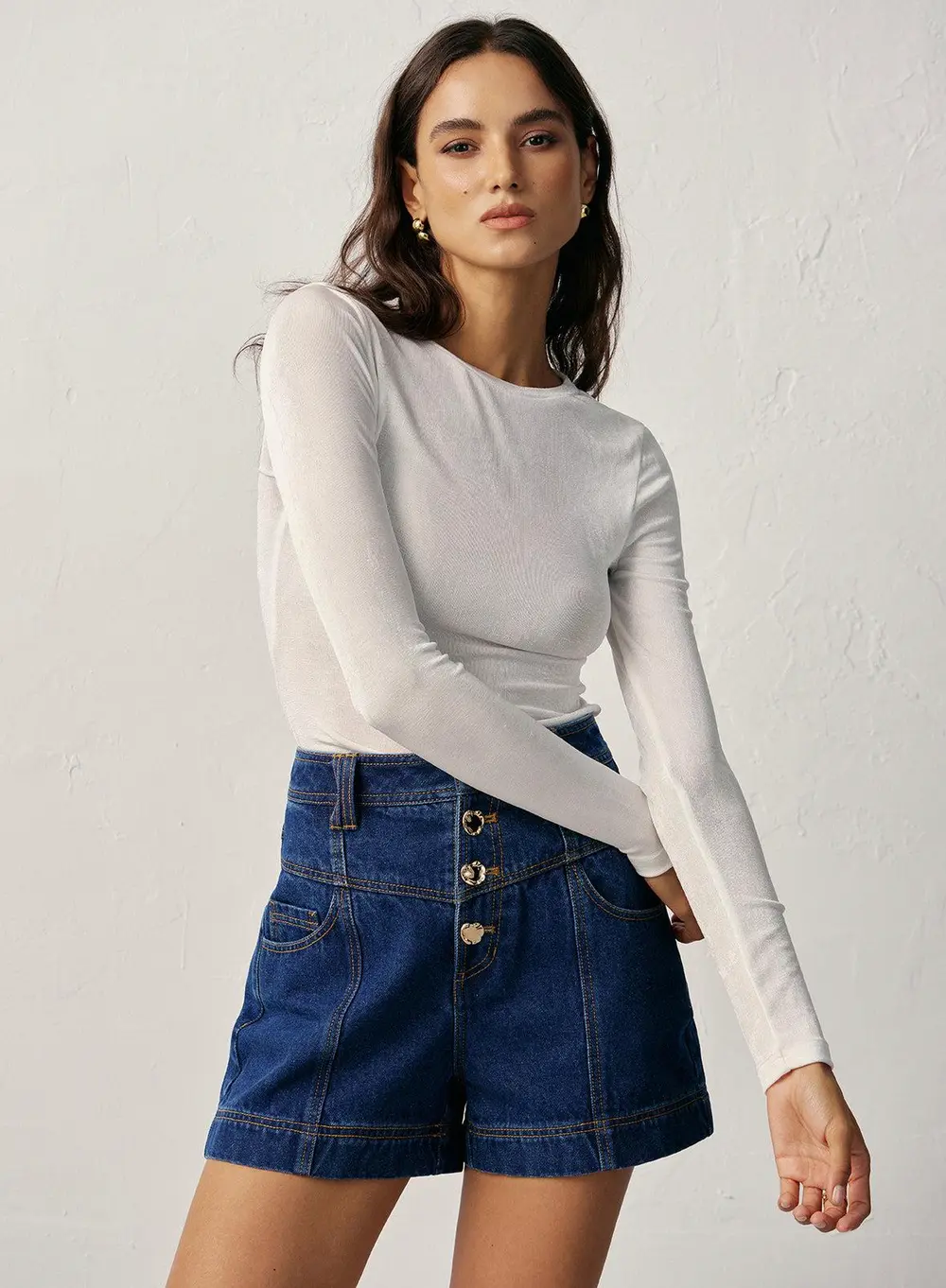 High-Waisted Button-Front Denim Short
