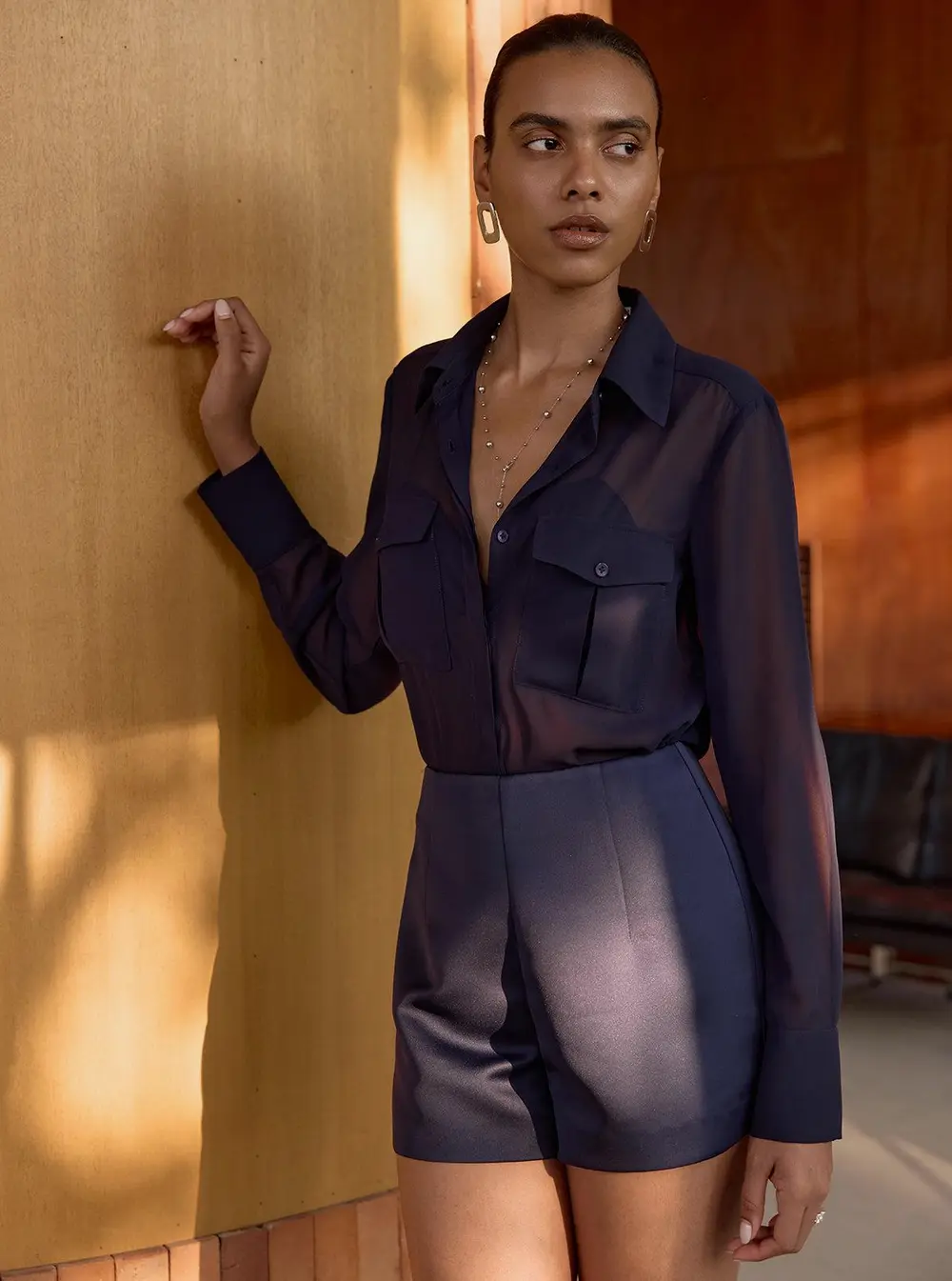 Sheer Shirt & Tailored Shorts Set