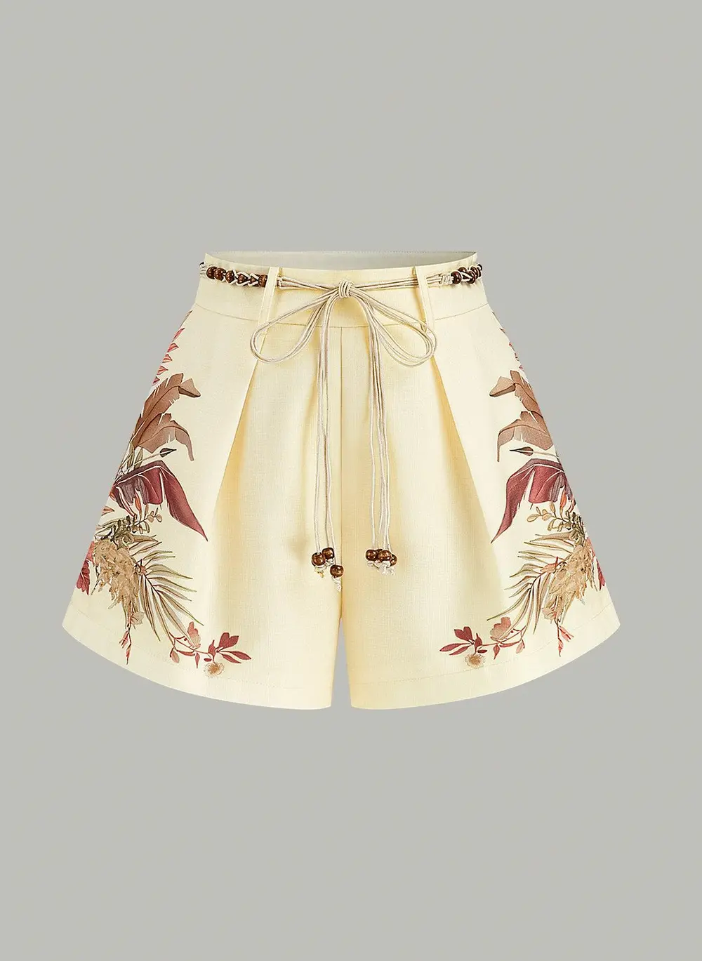 Belted Tropical Print Mid-Waist Shorts