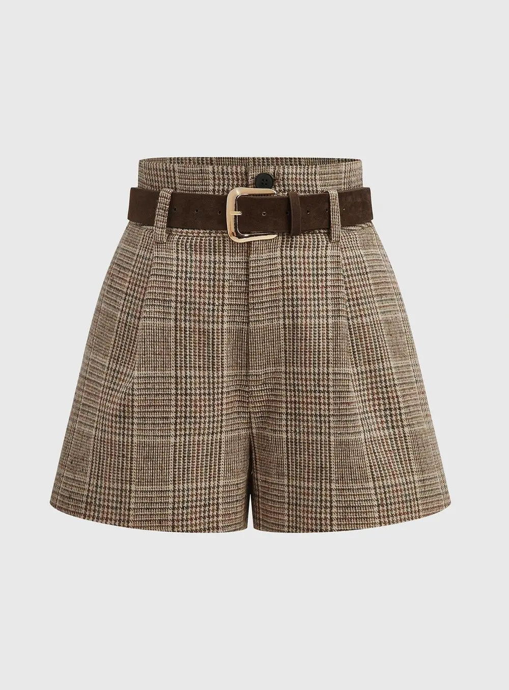 Belted High-Waist Houndstooth Tweed Shorts