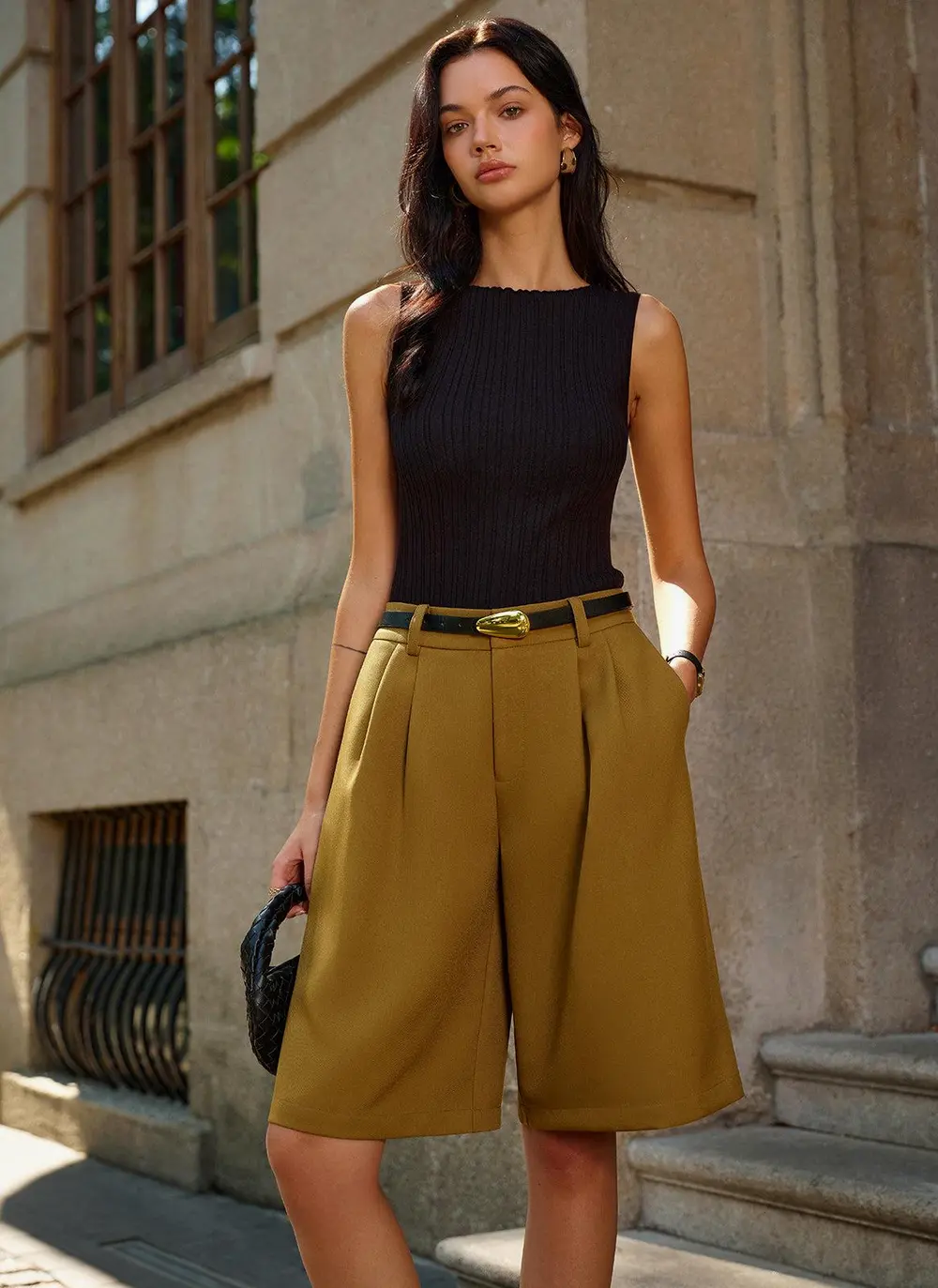 Belted Mid-Waisted Pleated Shorts