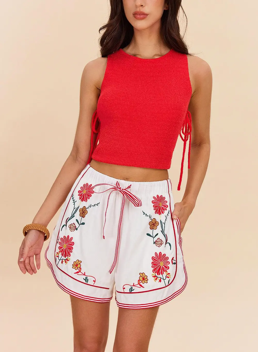 Cotton & Linen Floral Embroidered Shorts With Drawstring Waist