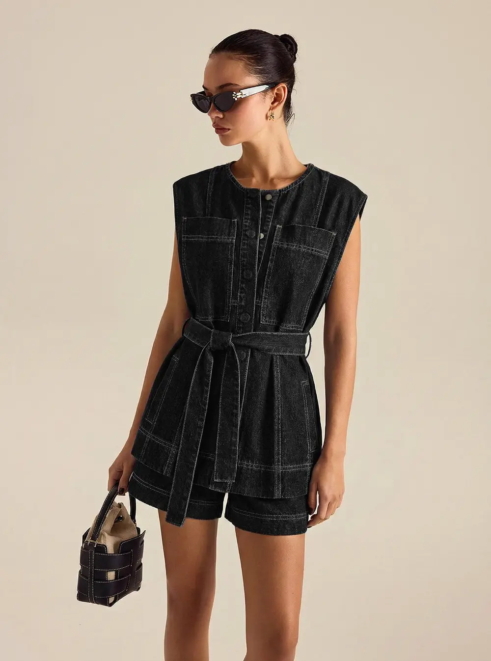 Belted Denim Sleeveless Vest & Shorts Set