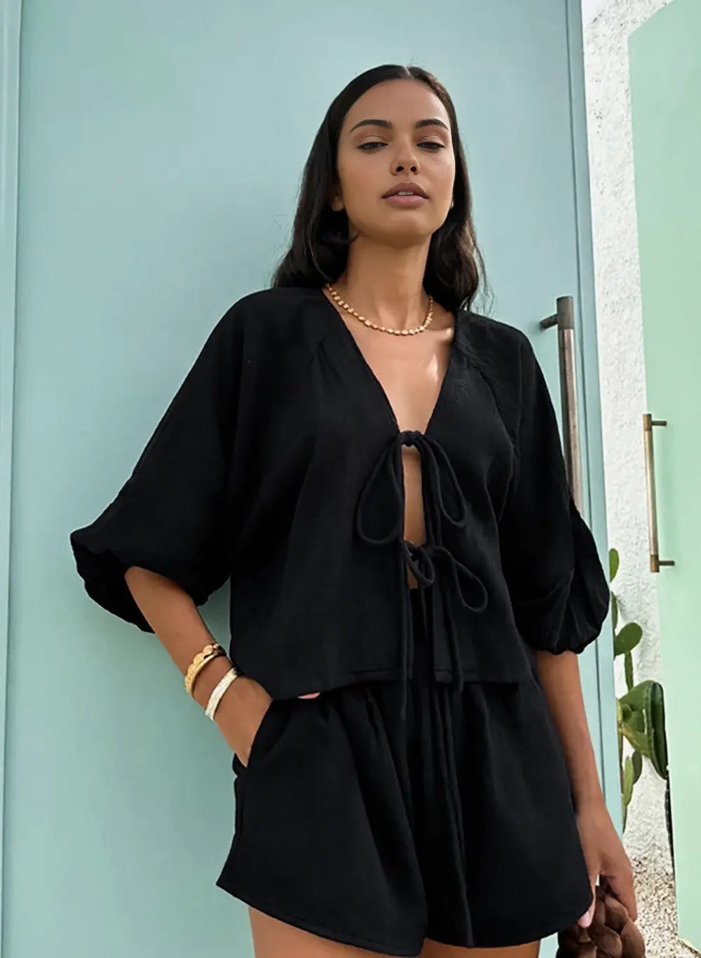 Cotton Tie-Front Long Sleeve Shorts Set