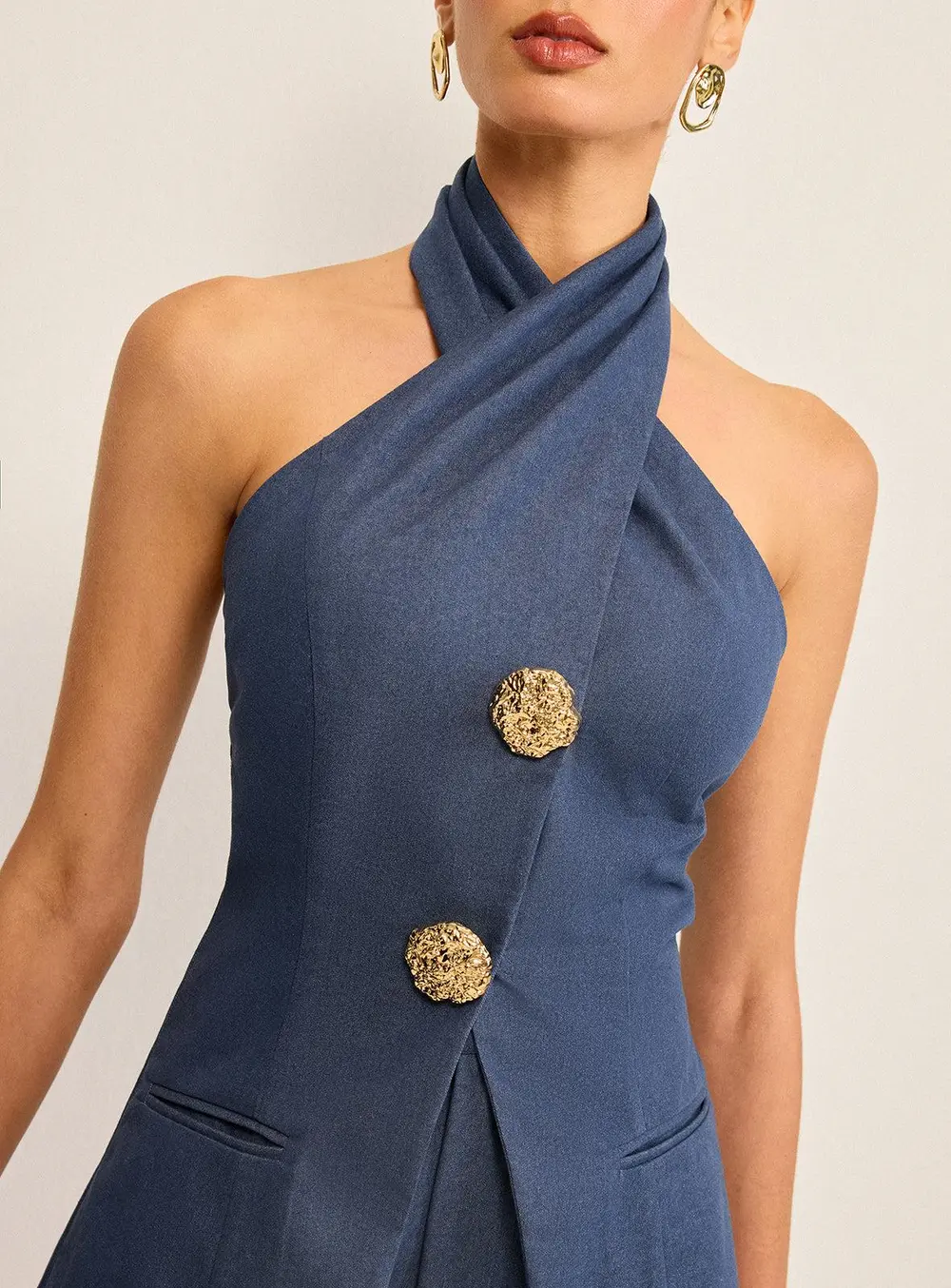 Metal Button Halter Neck Top with Shorts Set