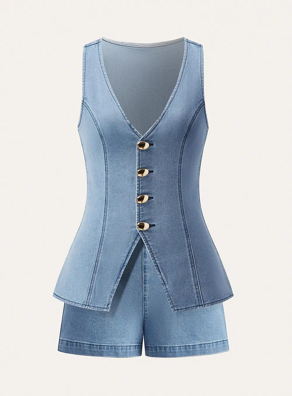 Metal Button Tie-Back Denim V-Neck Shorts Set