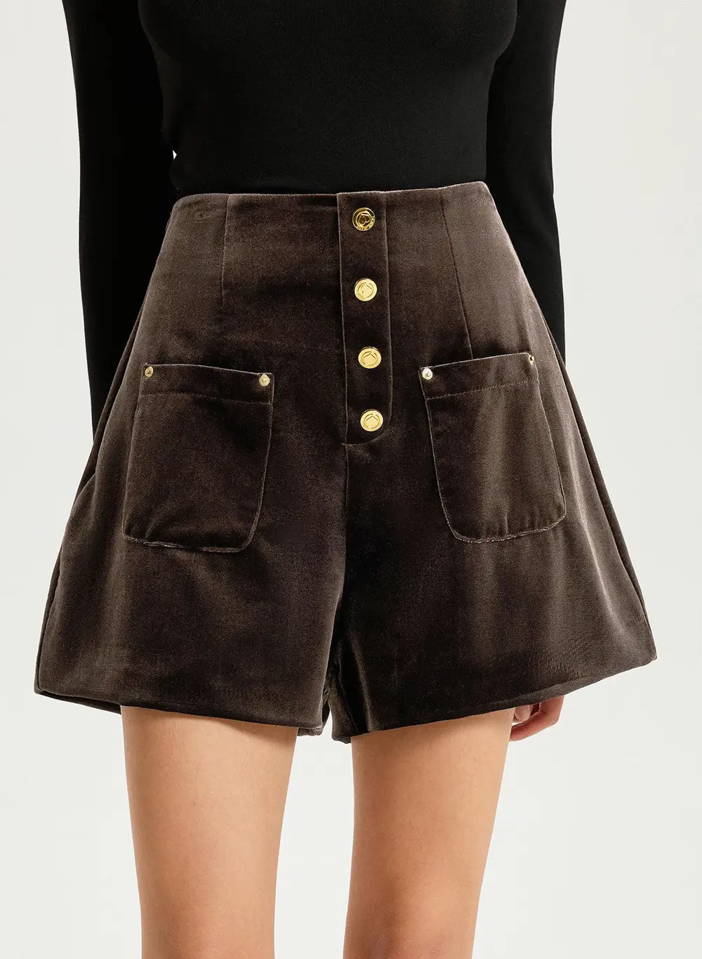 Velvet Mid-Waist Button-Front Shorts