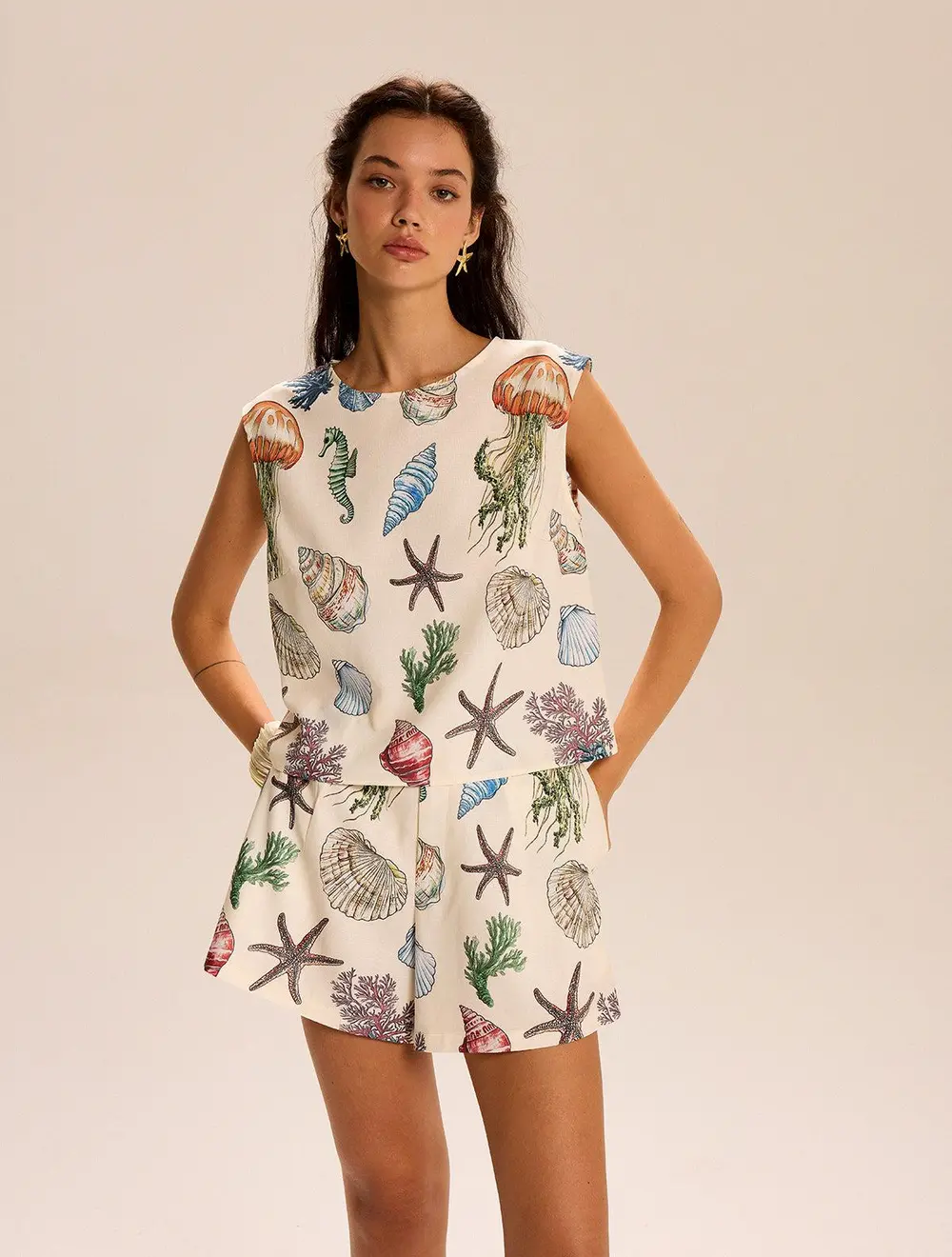 Seashell Print Sleeveless Top and Shorts Set