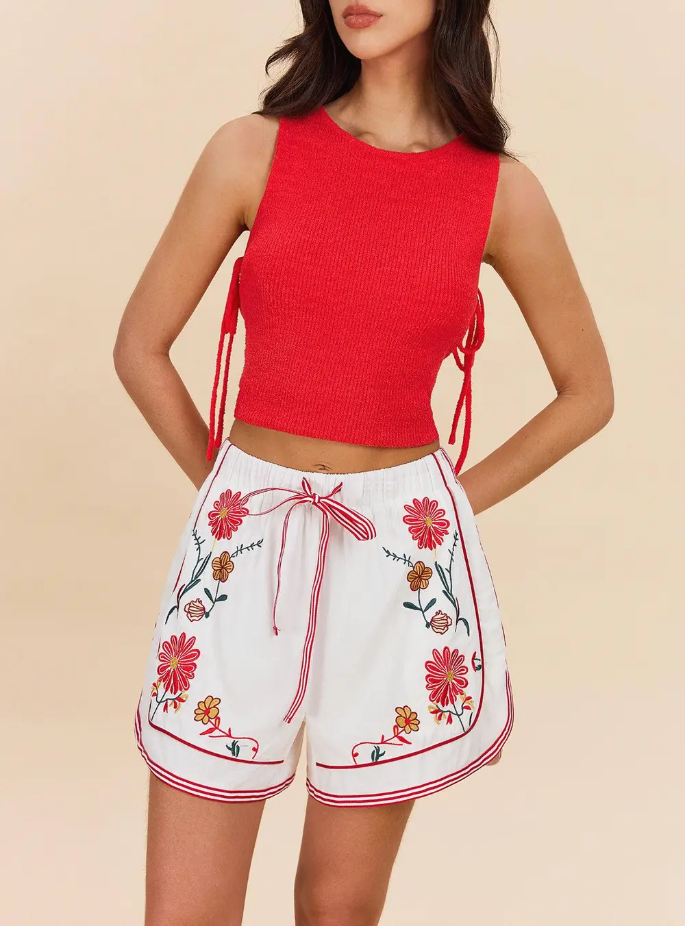 Cotton & Linen Floral Embroidered Shorts With Drawstring Waist