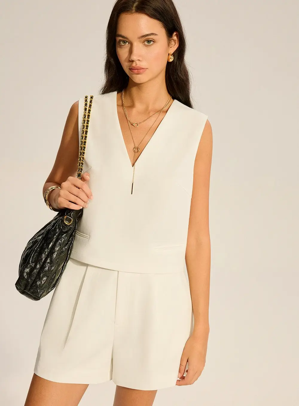 V-Neck Pocketed Top and Pleated Shorts Set