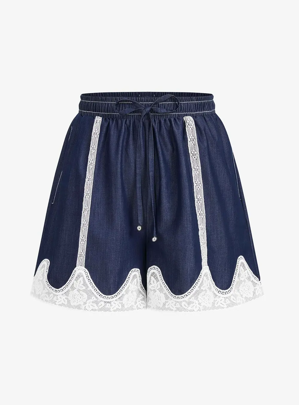 Lace Panel Faux Denim Shirt & Shorts Set