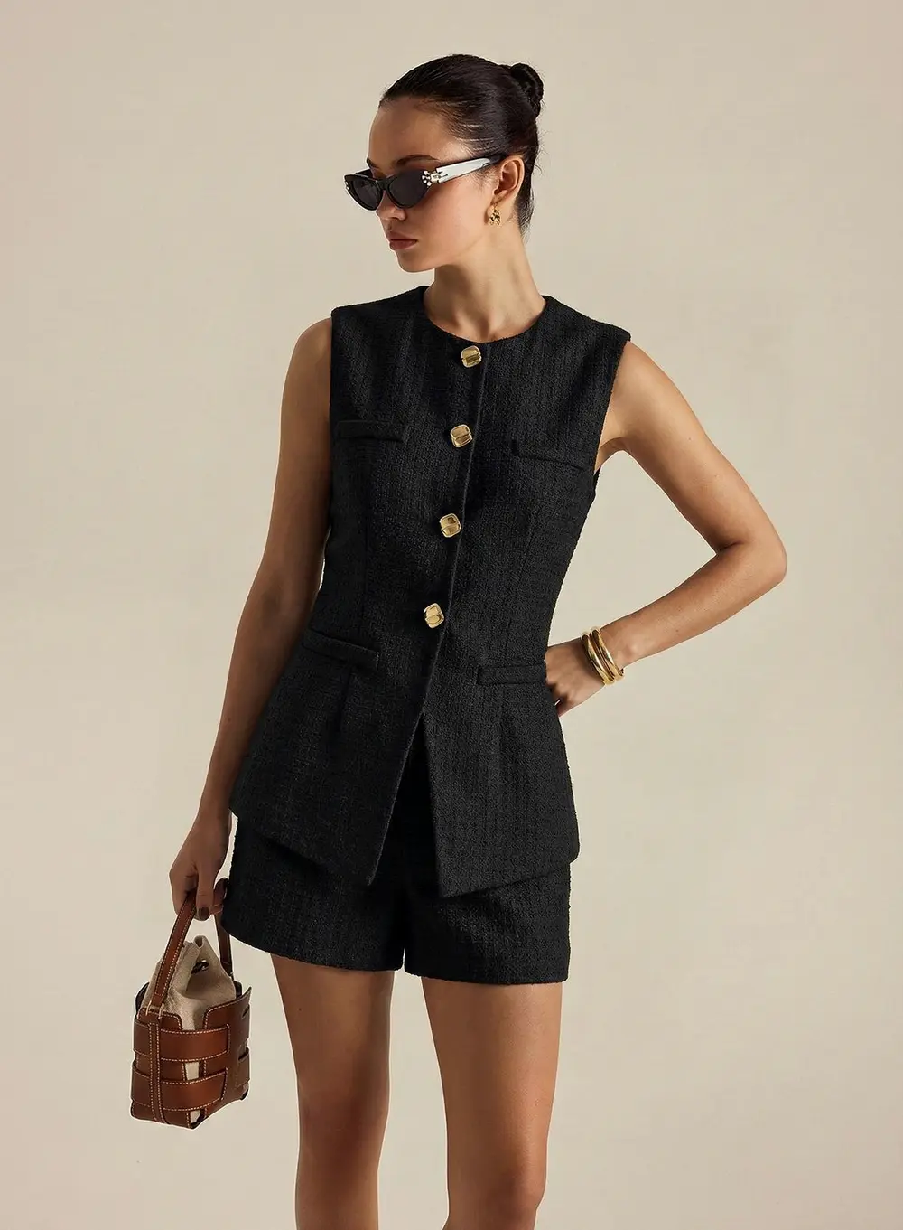Metal Button Tweed Vest & Shorts Set