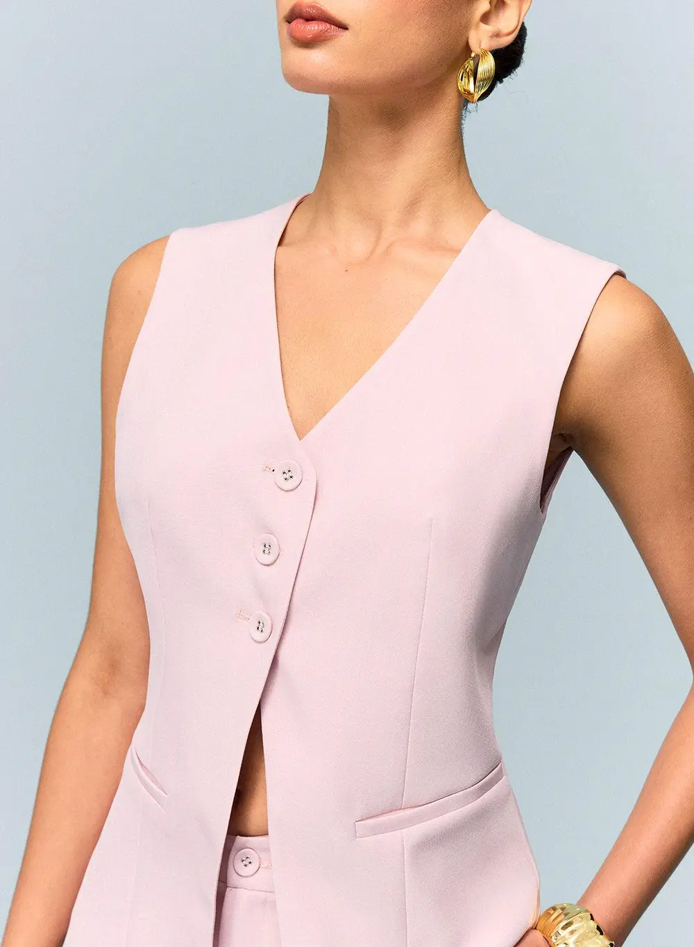 V-Neck Buttoned Vest with Shorts Set