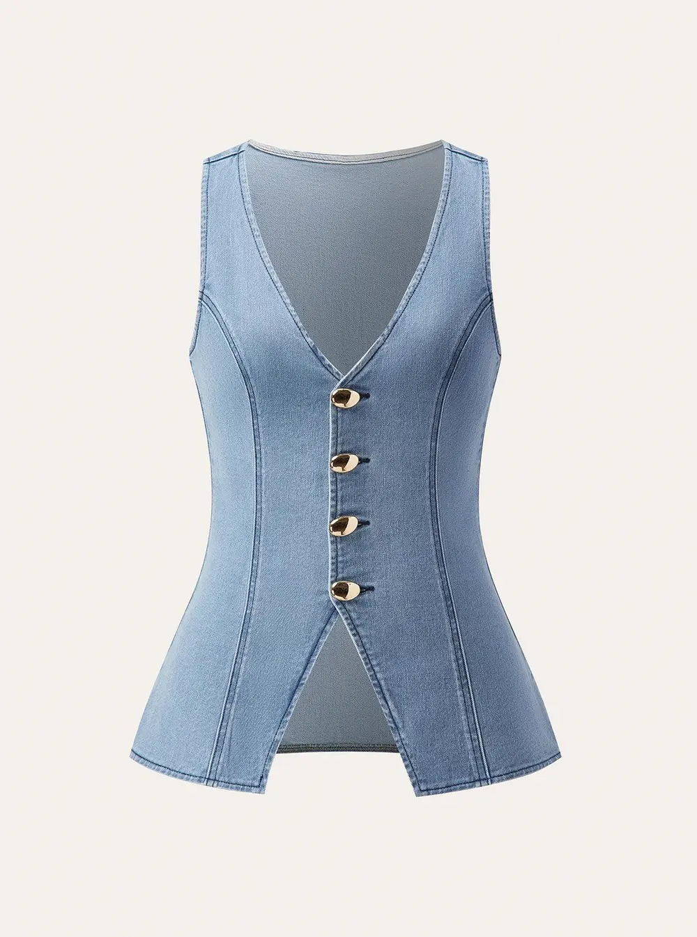 Metal Button Tie-Back Denim V-Neck Shorts Set