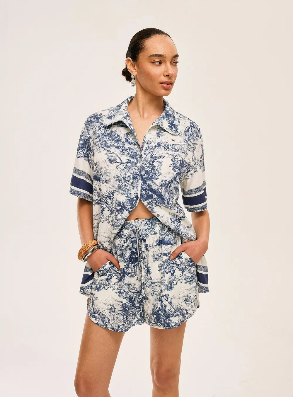 Printed Contrast Trim Shorts Set