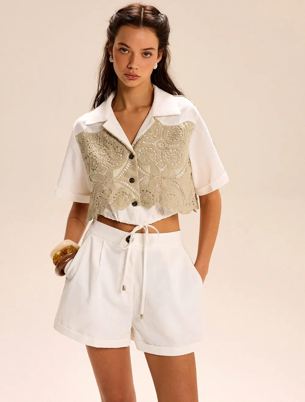 Lace-paneled Cropped Shirt Shorts Set