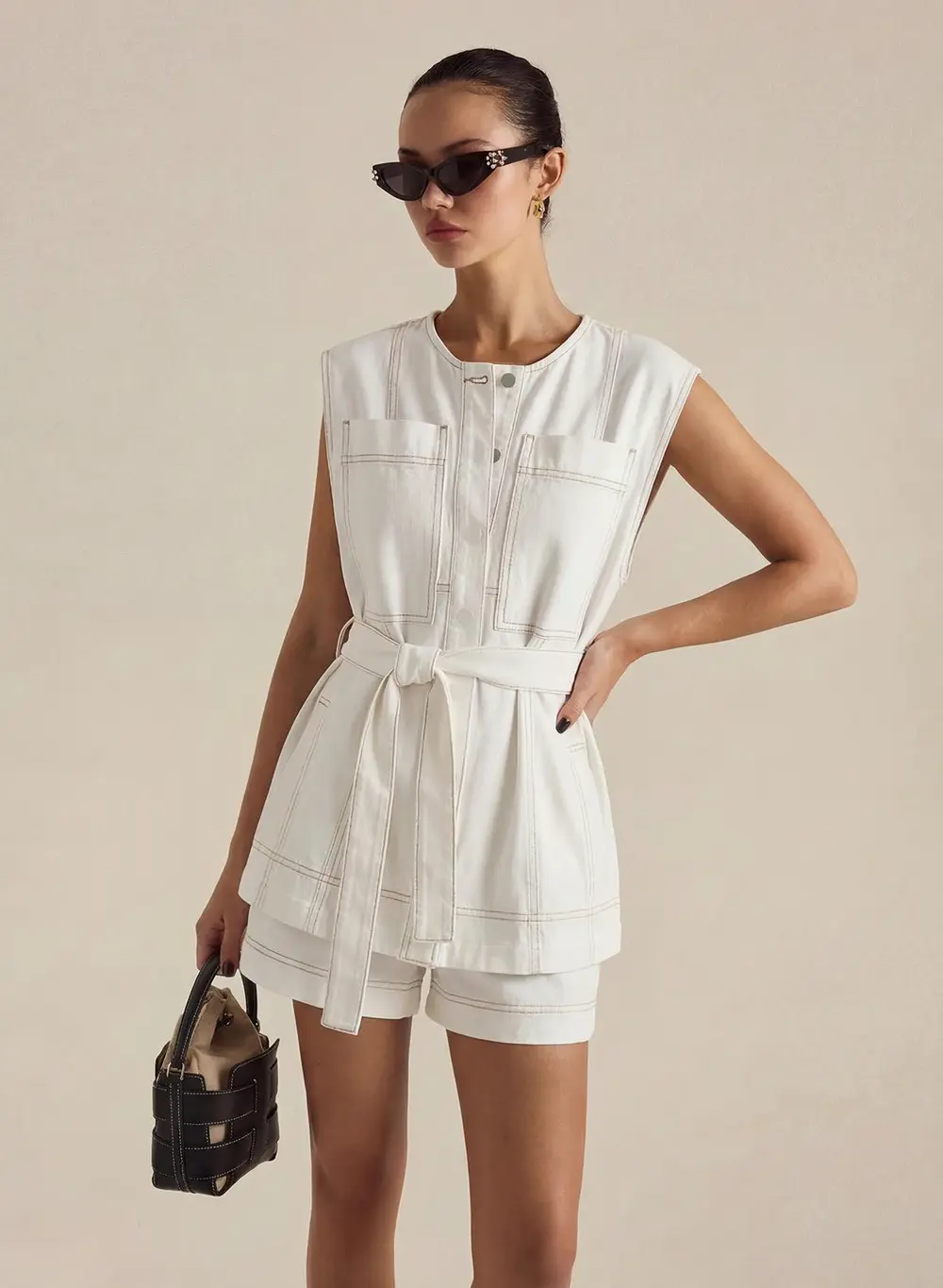 Belted Denim Sleeveless Vest & Shorts Set